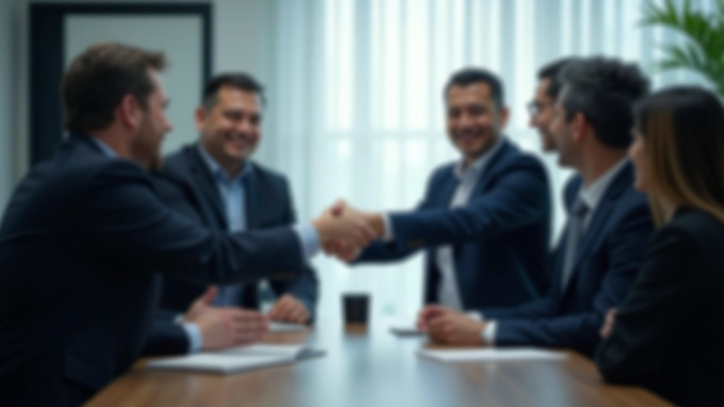 Business professionals conducting successful investment partnership negotiation meeting