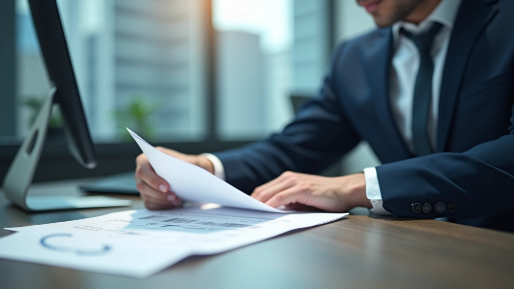 Business professional reviewing compliance checklist and regulatory documents in office setting