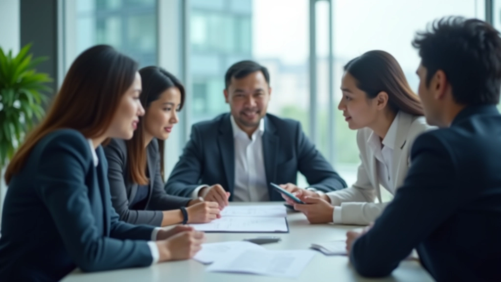 Diverse team of business professionals in modern office environment discussing investment strategy documents and financial charts