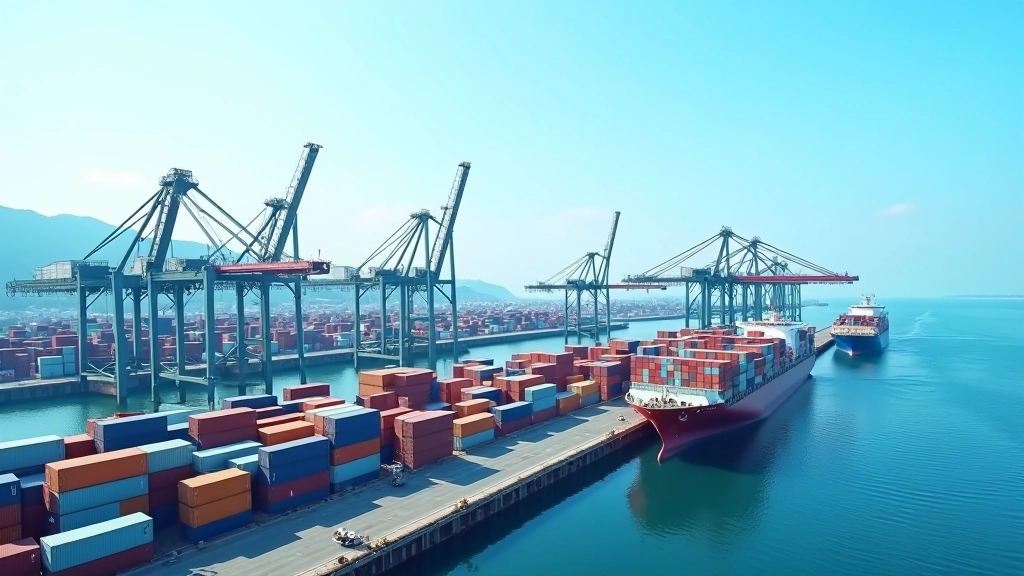 Modern industrial port facilities with shipping containers and advanced logistics infrastructure