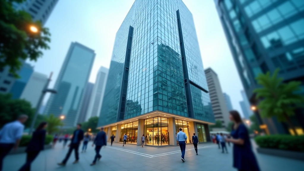 Modern office building with glass exterior and contemporary architecture reflecting business district skyline