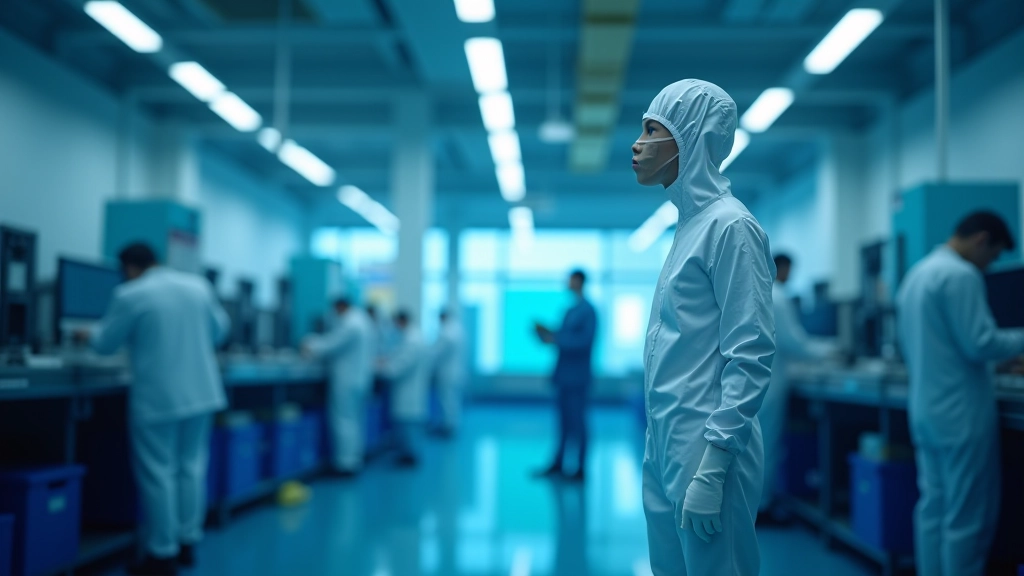 Modern semiconductor manufacturing facility with workers in clean room protective equipment