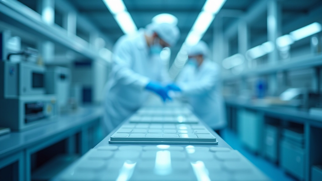 Professional photograph of semiconductor wafer production facility with precision manufacturing equipment and controlled environment